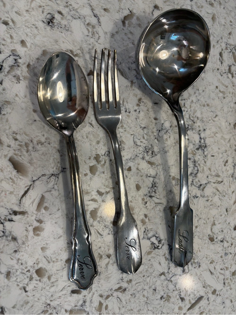 Pottery Barn Silver Engraved Serving Spoon, Fork & Ladle
